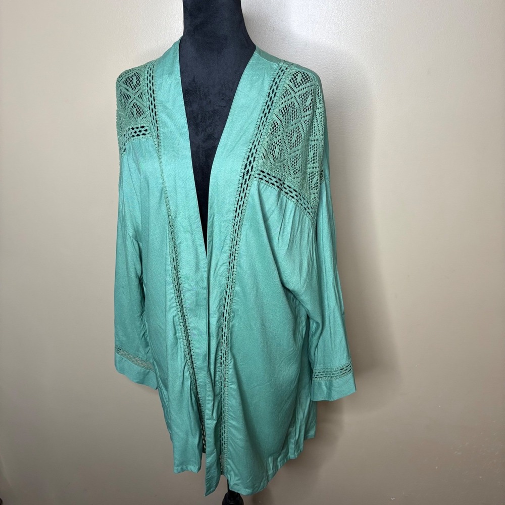 Tamsy Womens Crochet Lace Open Front Kimono Seafoam Green Rayon One Size Boho